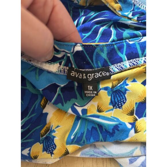 Ava & Grace Blouse Blue Yellow Floral Stretch Knit 3/4 Sleeve Popover Top 1X XL - Picture 8 of 11